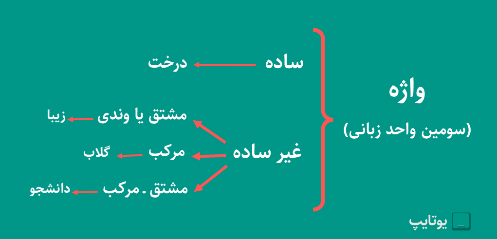 واژه در فارسی سومین واحد زبانی است که به دو بخش ساده و غیر ساده تقیم می‌شود. واژه های غیرساده بارتند از مشتق یا وندی، مرکب و مشتق-مرکب